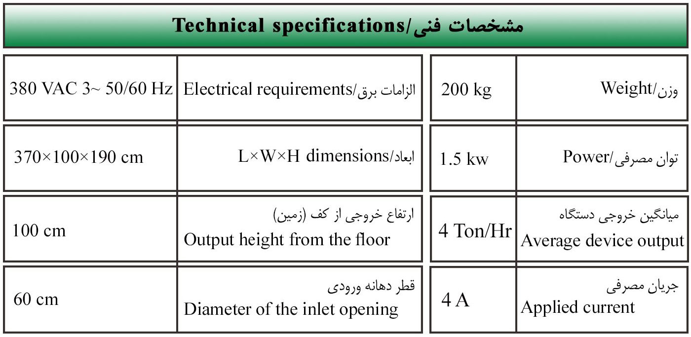 TIDAPARS Continuous rotary mixer جدول مشخصات فنی