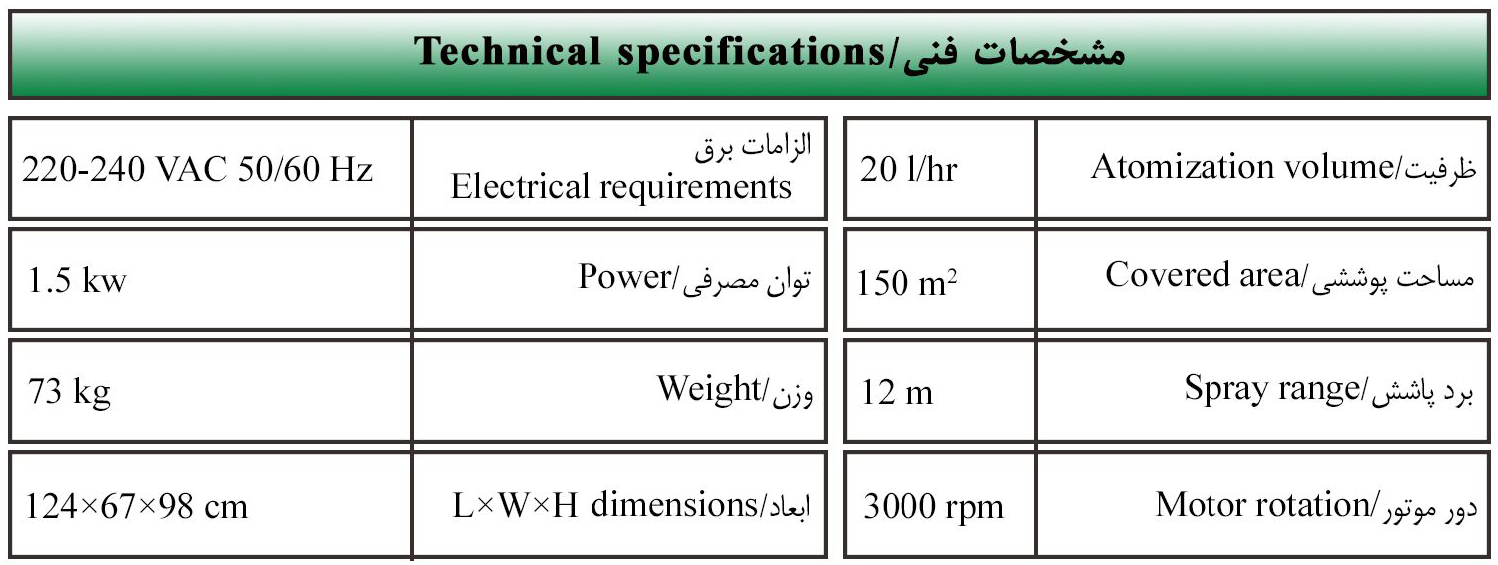 TIDAPARS Greenhouse Humidifier-جدول مشخصات فنی